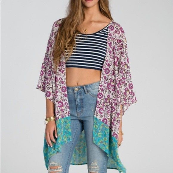 BILLABONG Dazed Dreamer Printed Kimono Open Coverup Floral Teal Sz M L NEW - Picture 1 of 10